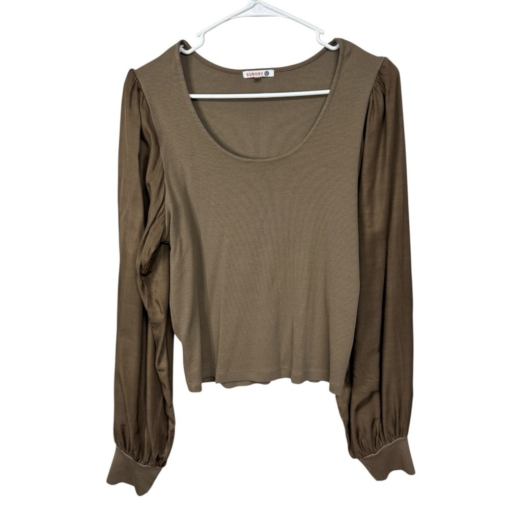Sundry Olive Green Puff Sleeve Ribbed Top XL